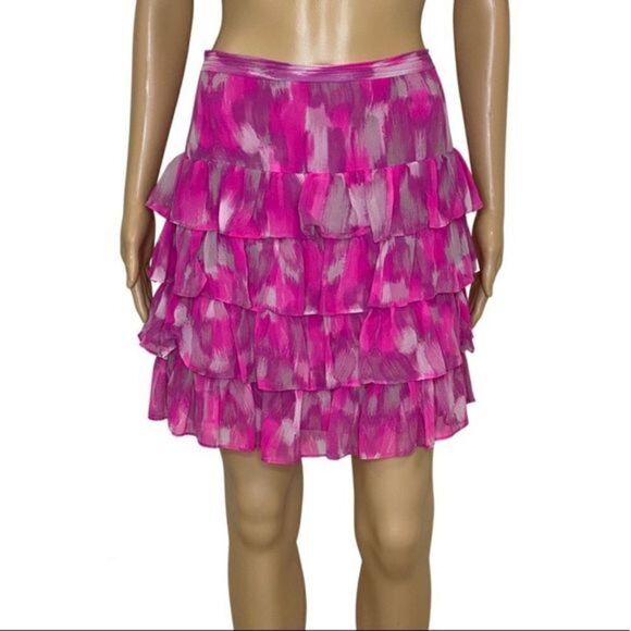 INC International Concepts Silk Ruffle Mini‎ Skirt in Fuscia Pink Abstract Sz 10 - Picture 1 of 12